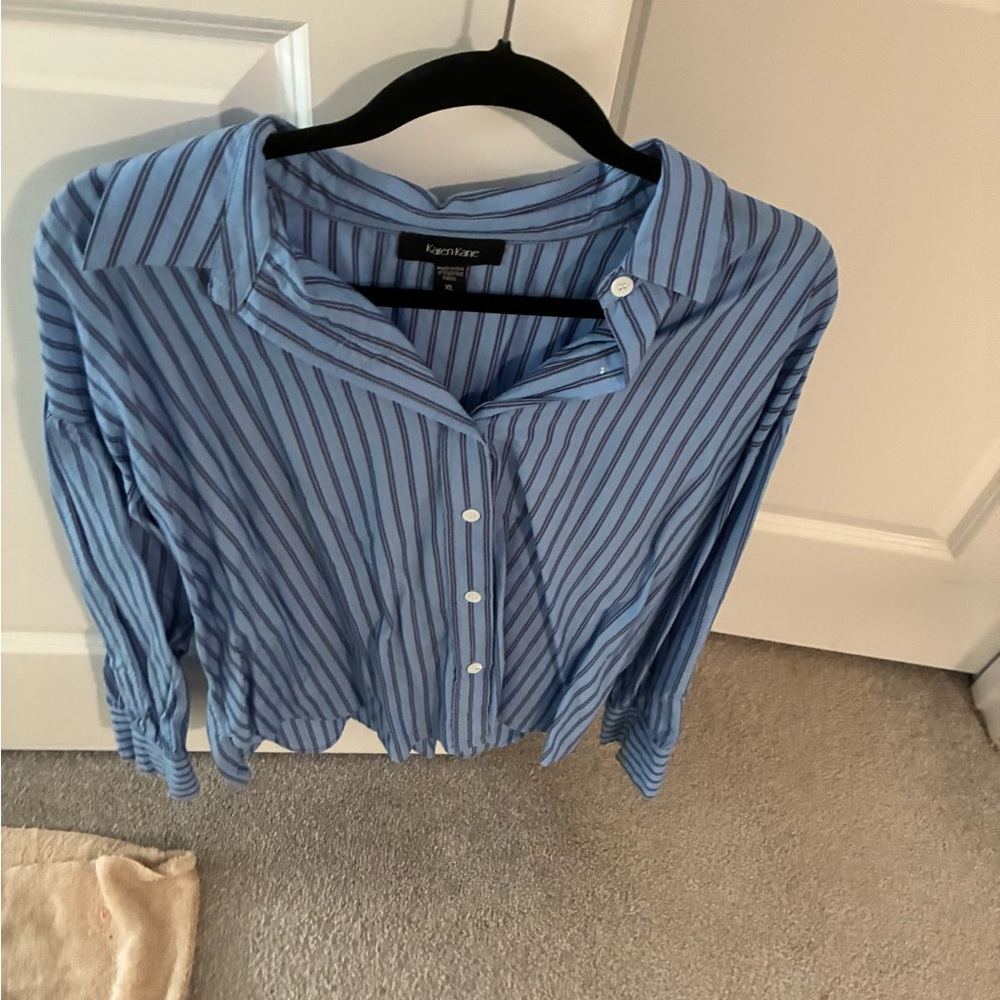 Karen Kane striped blue on blue button down shirt